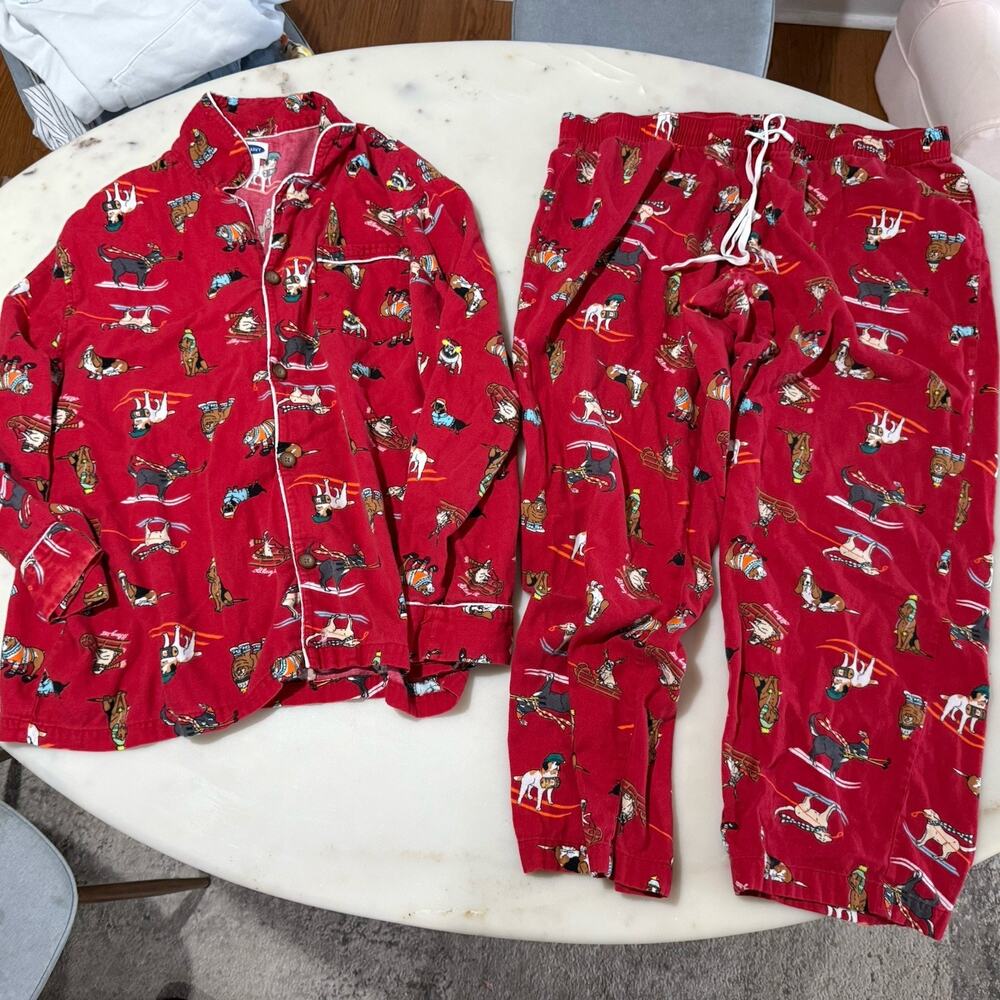 Old Navy Women’s XL 1X Plus Christmas Dog Print Flannel Pajama Set Button Red